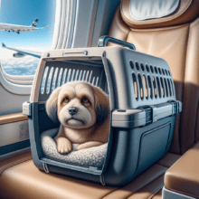 Traveling by air with pets, Small dog inside a comfortable pet carrier during a flight