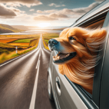 pet-friendly travel. A happy dog sticking its head out of a car window during a road trip